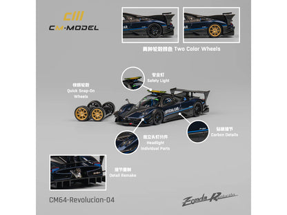 Pagani Zonda Revolucion "Official Car" Dark Blue and Carbon with Extra Wheels 1/64 Diecast Model Car by CM Model