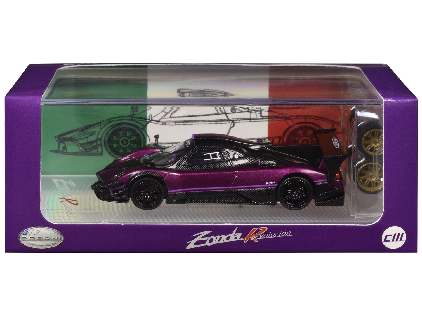 Pagani Zonda Revolucion Purple Metallic and Carbon with Extra Wheels 1/64 Diecast Model Car by CM Model
