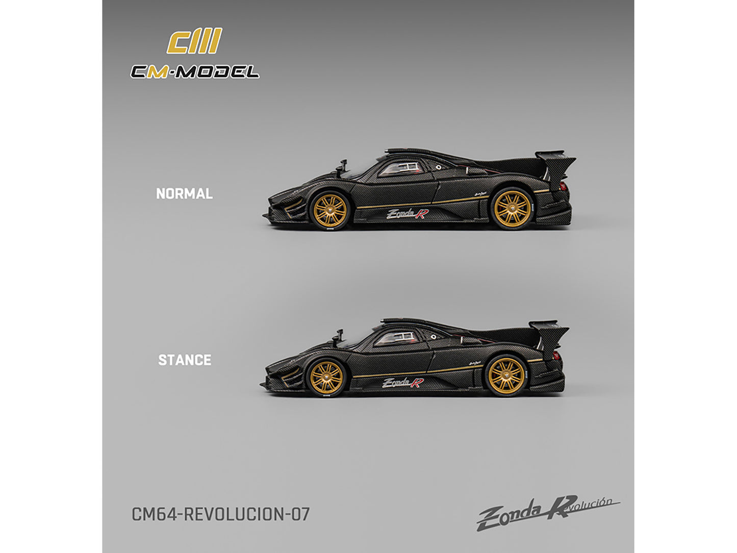Pagani Zonda Revolucion Black Carbon with Extra Wheels 1/64 Diecast Model Car by CM Model
