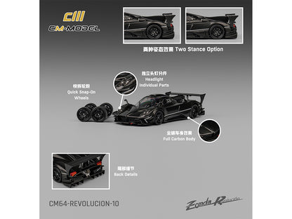 Pagani Zonda Revolucion Black Full Carbon with Extra Wheels 1/64 Diecast Model Car by CM Model