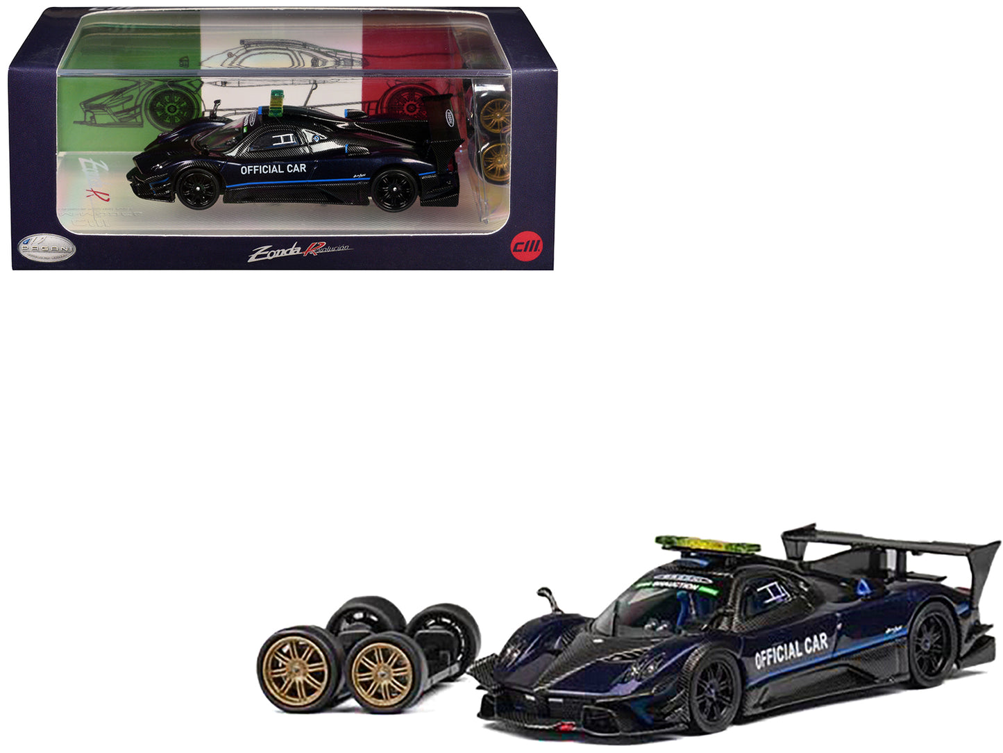 Pagani Zonda Revolucion "Official Car" Dark Blue and Carbon with Extra Wheels 1/64 Diecast Model Car by CM Model-DiecastModeler.com