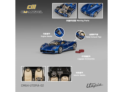 Pagani Utopia Blue Metallic with White Stripes 1/64 Diecast Model Car by CM Model