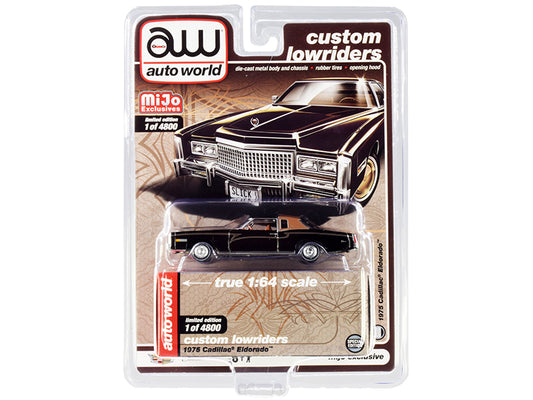 1975 Cadillac Eldorado Black with Brown (Partial) Vinyl Top "Custom Lowriders" Limited Edition to 4800 pieces Worldwide 1/64 Diecast Model Car by Auto World-DiecastModeler.com