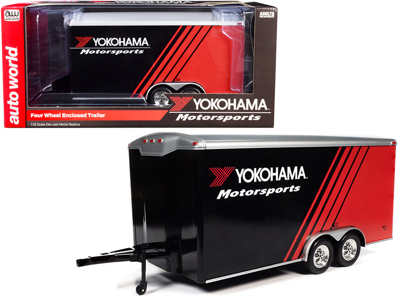 Four Wheel Enclosed Car Trailer "Yokohama Motorsports" Black and Red for 1/18 Scale Model Cars by Auto World-DiecastModeler.com