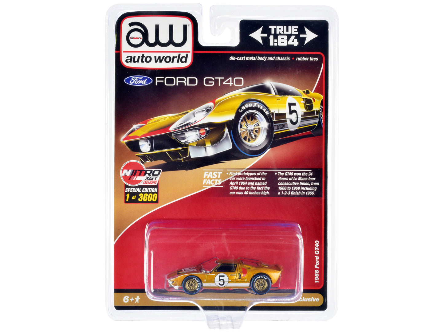 1966 Ford GT40 RHD (Right Hand Drive) #5 Gold with Graphics Limited Edition to 3600 pieces Worldwide 1/64 Diecast Model Car by Auto World-DiecastModeler.com