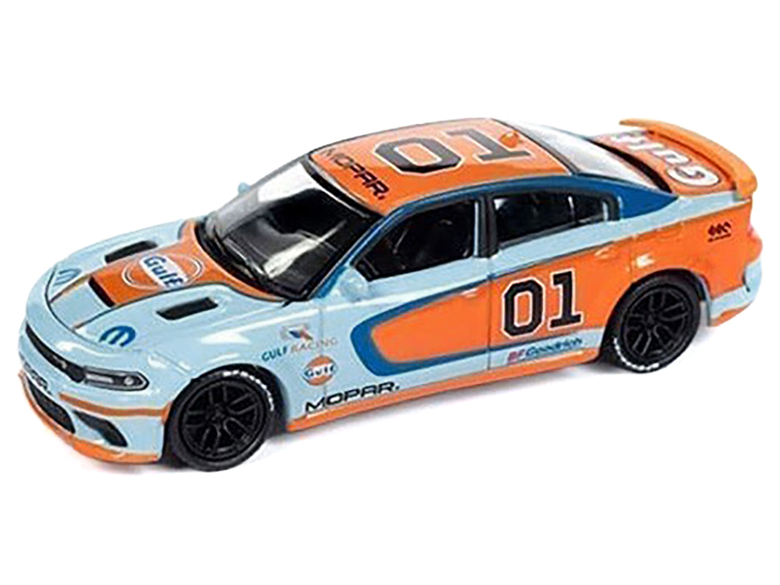 2021 Dodge Charger SRT Hellcat #01 "Gulf Oil-MOPAR" Light Blue and Orange Limited Edition to 4800 pieces Worldwide 1/64 Diecast Model Car by Auto World-DiecastModeler.com