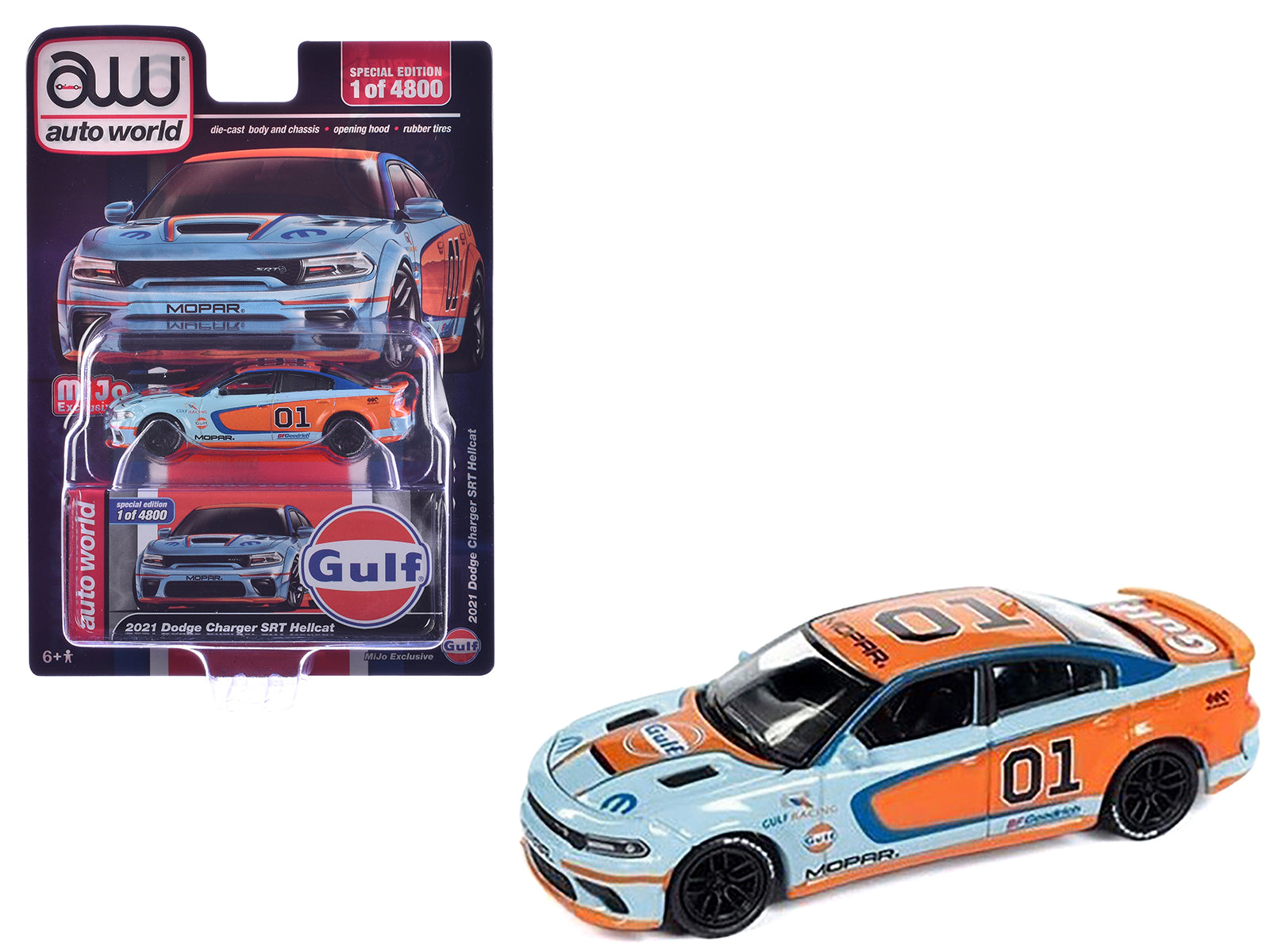 2021 Dodge Charger SRT Hellcat #01 "Gulf Oil-MOPAR" Light Blue and Orange Limited Edition to 4800 pieces Worldwide 1/64 Diecast Model Car by Auto World-DiecastModeler.com