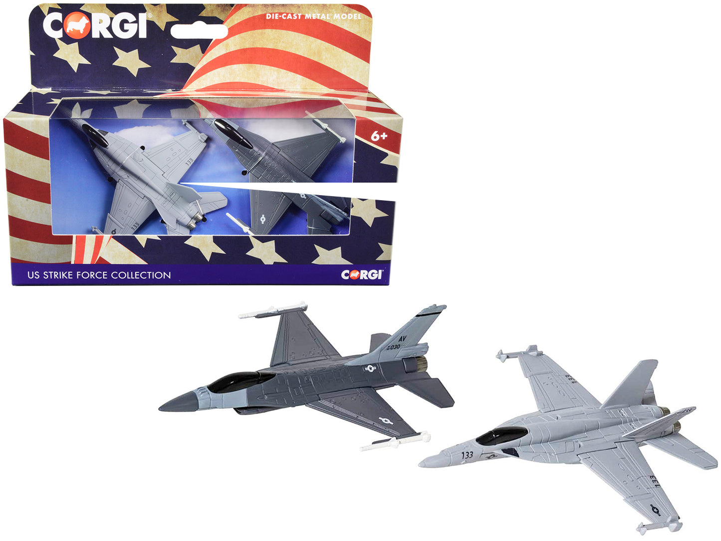 General Dynamics F-16 Fighting Falcon Fighter Aircraft and McDonnell Douglas F/A-18 Super Hornet Fighter Aircraft Set of 2 Pieces "US Strike Force Collection" Diecast Models by Corgi-DiecastModeler.com