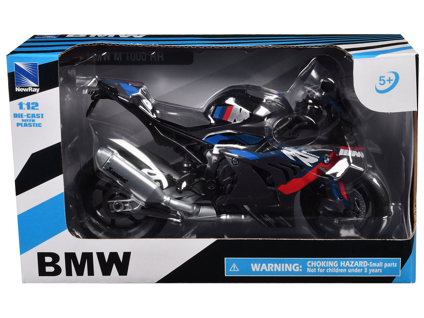 BMW M 1000 RR Motorcycle Black with Red and Blue Stripes 1/12 Diecast Model by New Ray