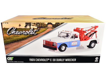 1969 Chevrolet C-30 Dually Wrecker Tow Truck White and Blue "Hazzard County Garage" 1/18 Diecast Model Car by Greenlight
