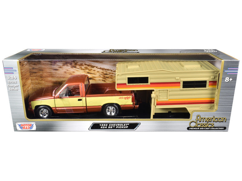 1992 Chevrolet 454 SS Pickup Truck Copper Metallic with Beige Sides with Camper Shell "American Classics" Series 1/24 Diecast Model Car by Motormax-DiecastModeler.com