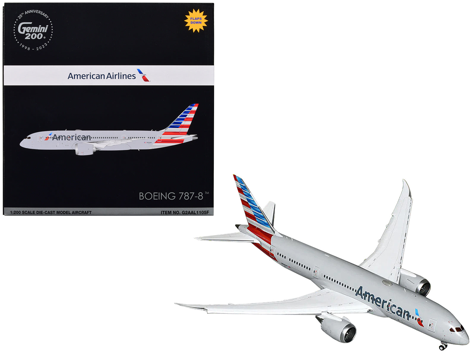 Boeing 787-8 Commercial Aircraft with Flaps Down "American Airlines" Gray with Tail Stripes "Gemini 200" Series 1/200 Diecast Model Airplane by GeminiJets-DiecastModeler.com