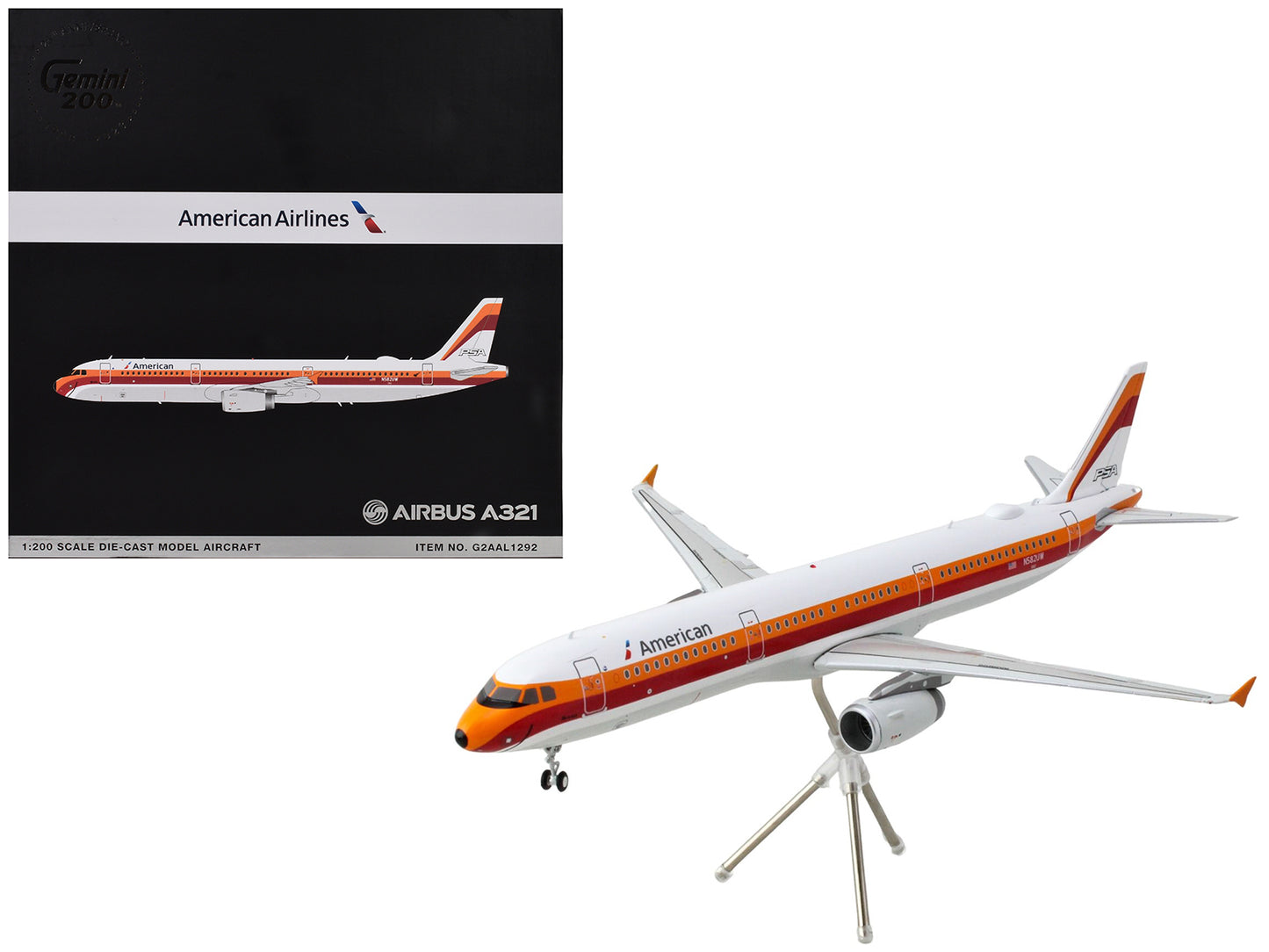 Airbus A321 Commercial Aircraft "American Airlines - PSA" (N582UW) White with Red and Orange Stripes "Gemini 200" Series 1/200 Diecast Model Airplane by GeminiJets-DiecastModeler.com