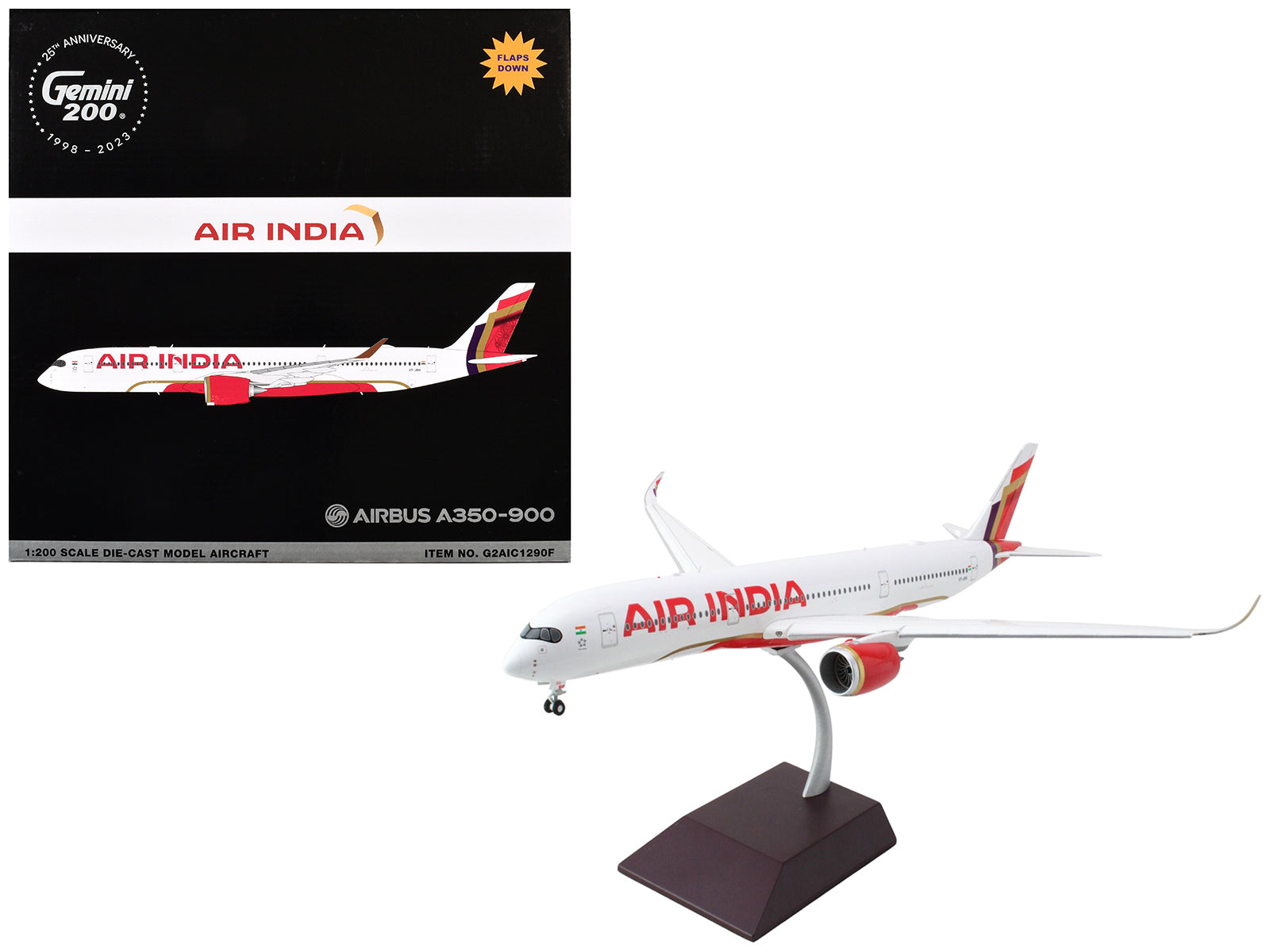 Airbus A350-900 Commercial Aircraft with Flaps Down "Air India" (VT-JRH) White with Striped Tail "Gemini 200" Series 1/200 Diecast Model Airplane by GeminiJets-DiecastModeler.com