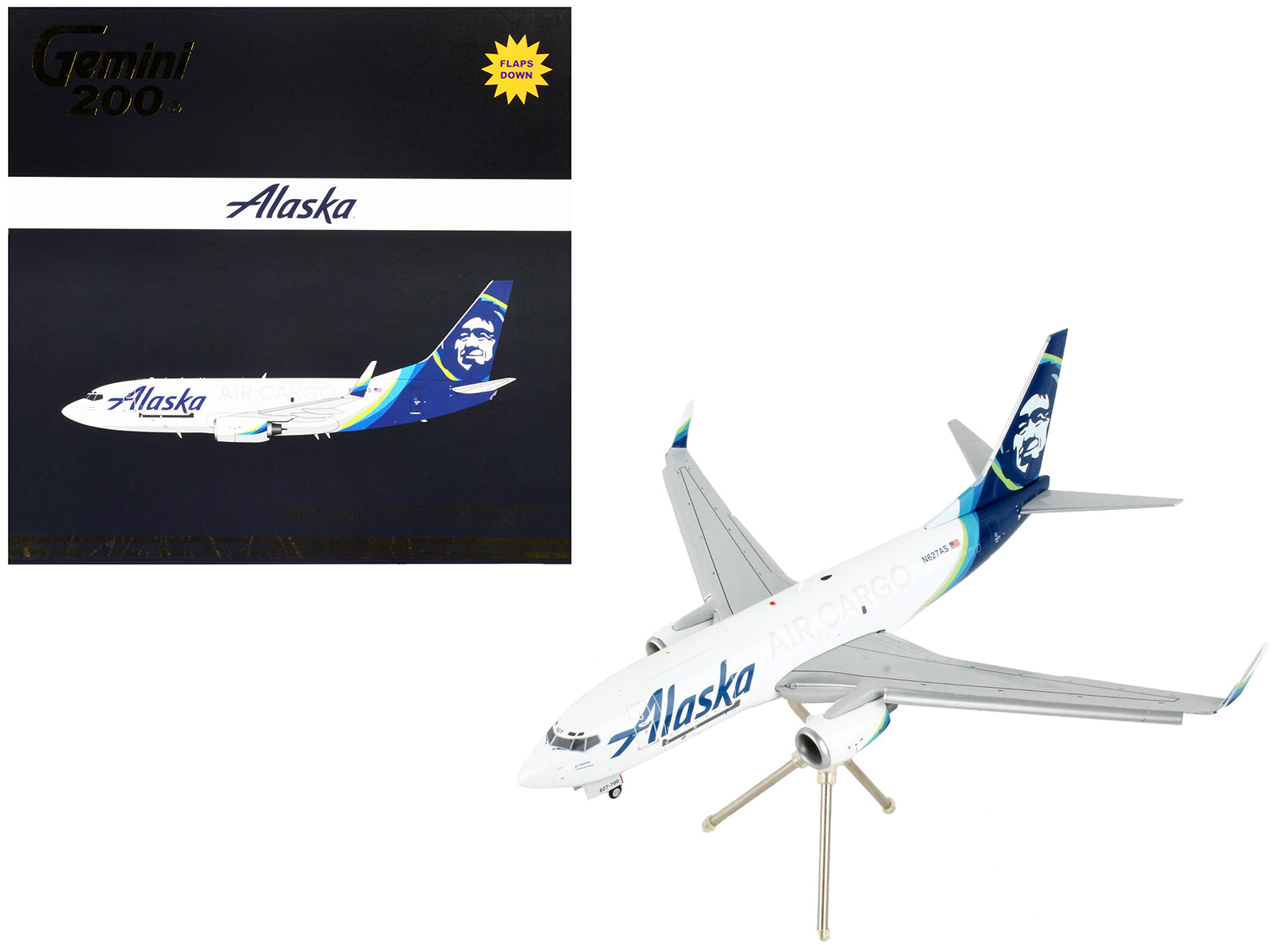 Boeing 737-700BDSF Commercial Aircraft with Flaps Down "Alaska Air Cargo" White with Blue Tail "Gemini 200" Series 1/200 Diecast Model Airplane by GeminiJets-DiecastModeler.com