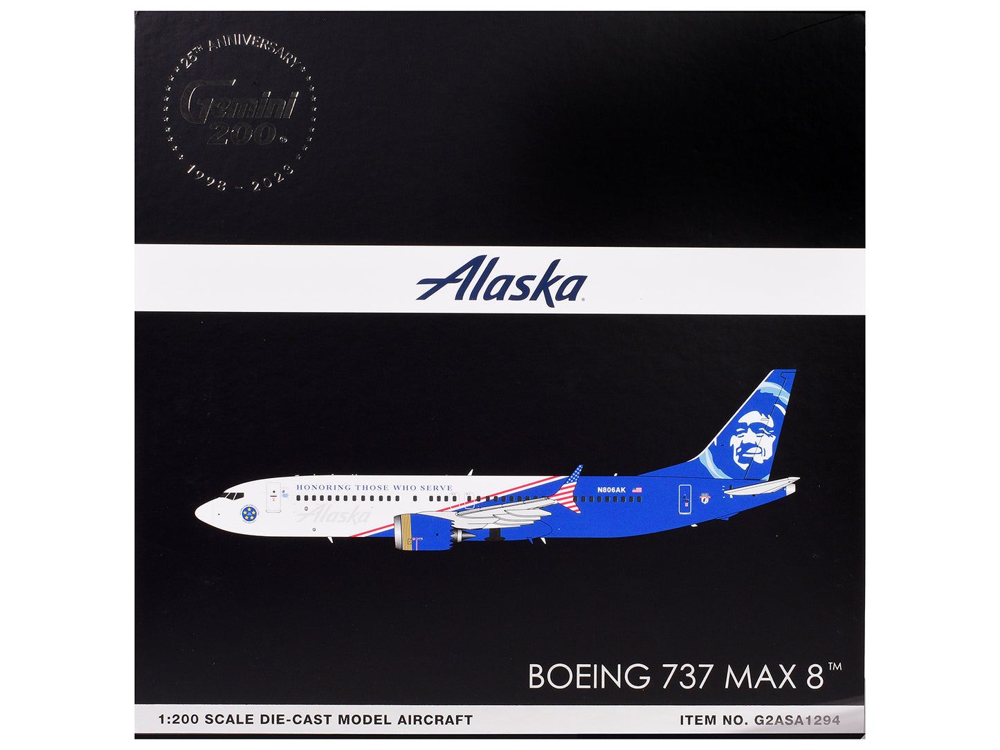 Boeing 737 MAX 8 Commercial Aircraft "Alaska Airlines - Honoring Those Who Serve" (N806AK) White and Blue "Gemini 200" Series 1/200 Diecast Model Airplane by GeminiJets-DiecastModeler.com