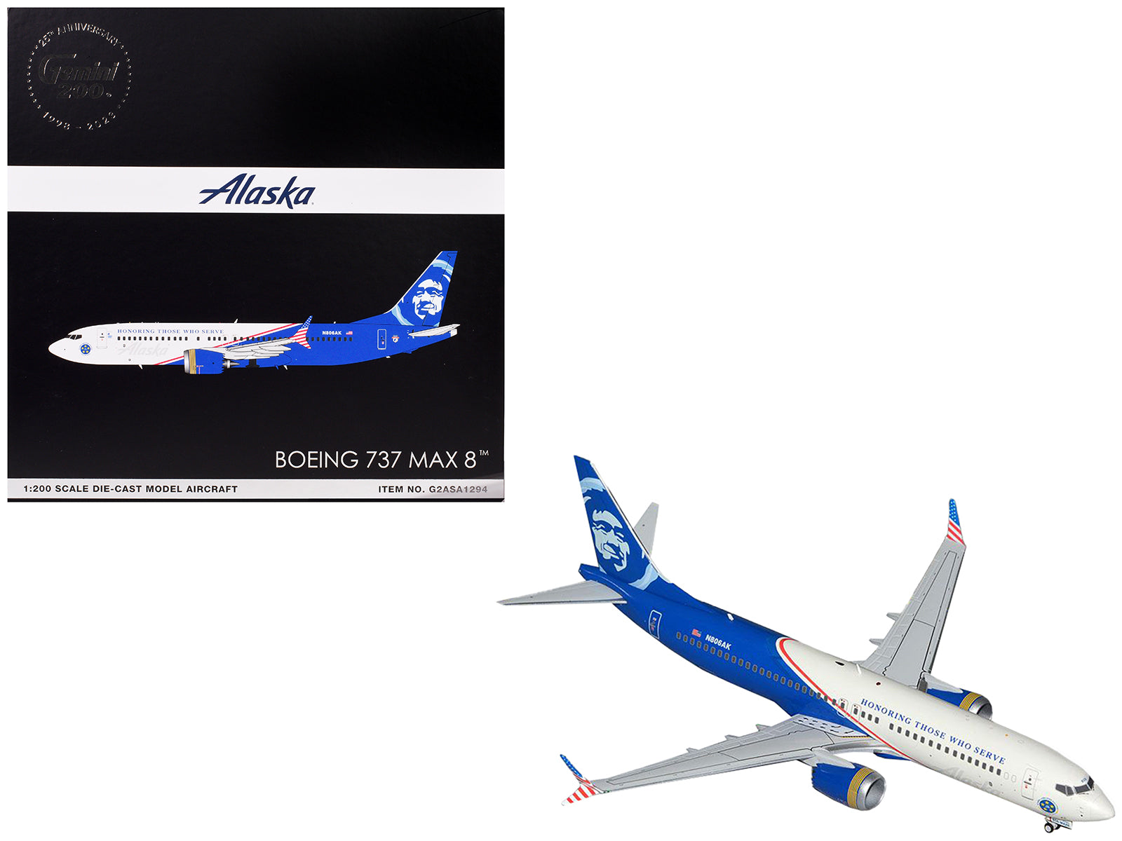 Boeing 737 MAX 8 Commercial Aircraft "Alaska Airlines - Honoring Those Who Serve" (N806AK) White and Blue "Gemini 200" Series 1/200 Diecast Model Airplane by GeminiJets-DiecastModeler.com