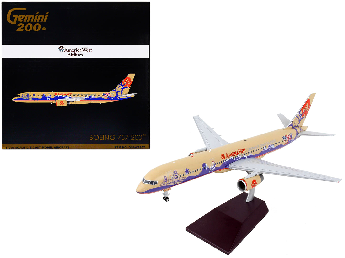 Boeing 757-200 Commercial Aircraft "America West Airlines" Beige with Purple Graphics "Gemini 200" Series 1/200 Diecast Model Airplane by GeminiJets-DiecastModeler.com
