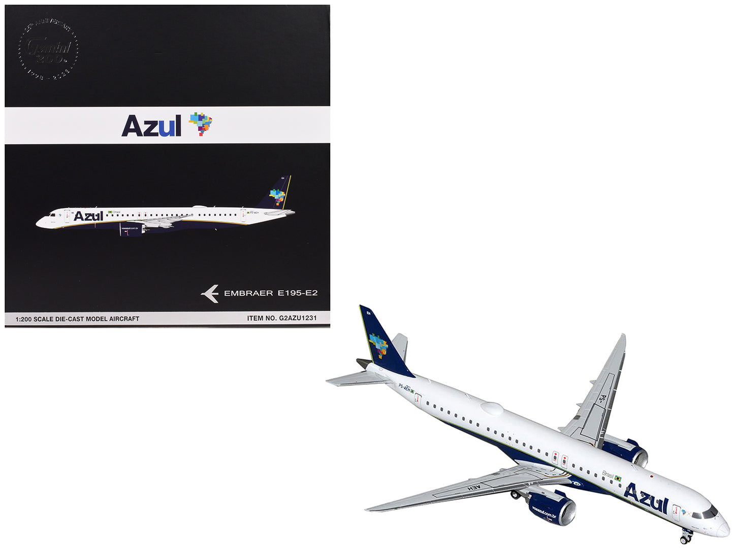 Embraer E195-E2 Commercial Aircraft "Azul Brazilian Airlines" (PS-AEH) White with Blue Tail "Gemini 200" Series 1/200 Diecast Model Airplane by GeminiJets-DiecastModeler.com
