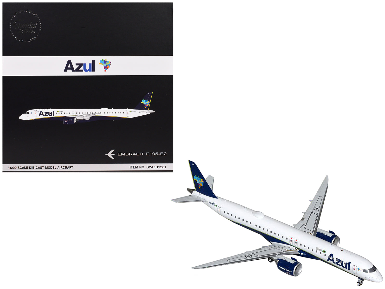 Embraer E195-E2 Commercial Aircraft "Azul Brazilian Airlines" (PS-AEH) White with Blue Tail "Gemini 200" Series 1/200 Diecast Model Airplane by GeminiJets-DiecastModeler.com