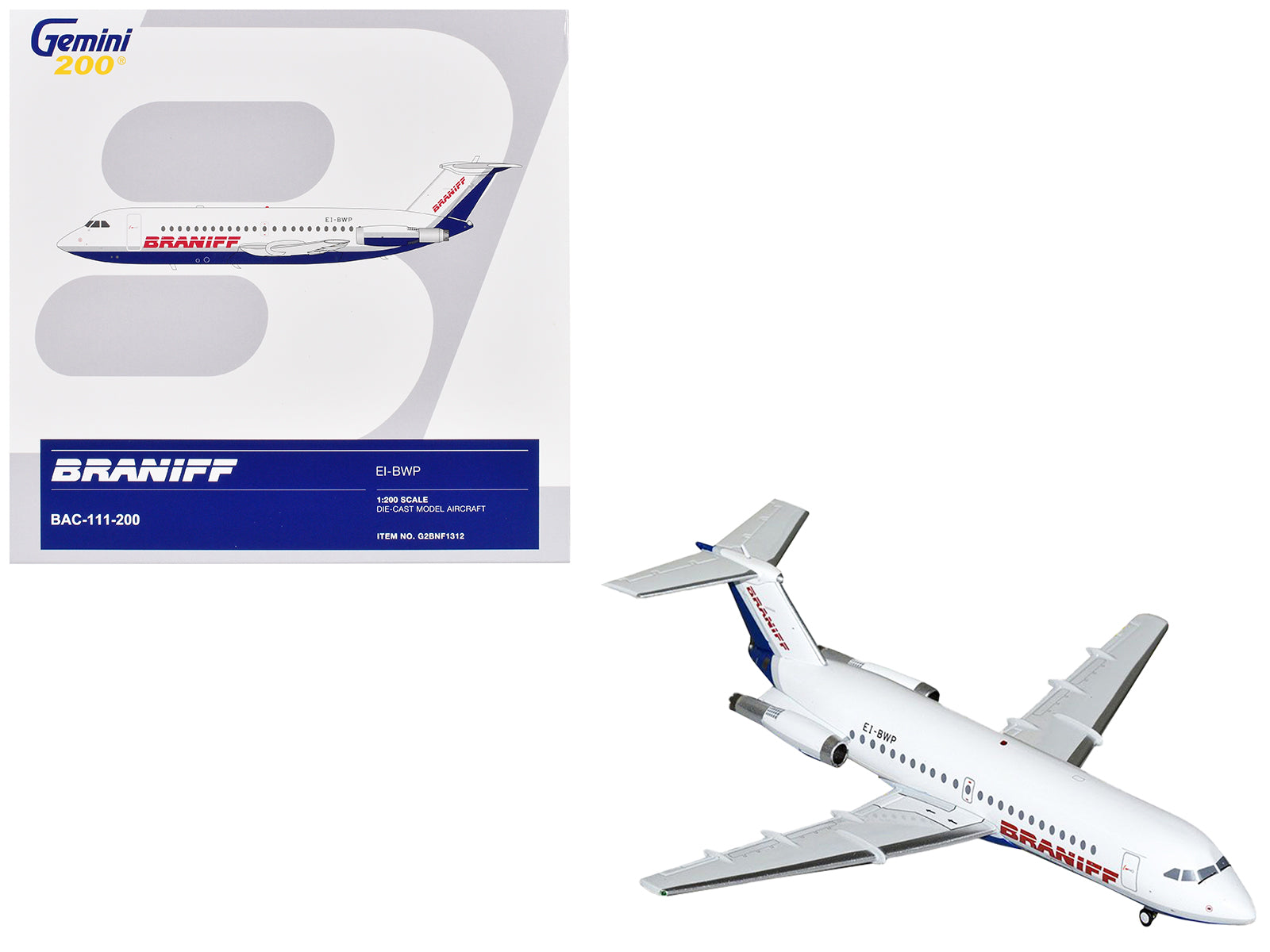 BAC 111-200 Commercial Aircraft "Braniff International Airways" (EI-BWP) White with Blue Tail "Gemini 200" Series 1/200 Diecast Model Airplane by GeminiJets-DiecastModeler.com