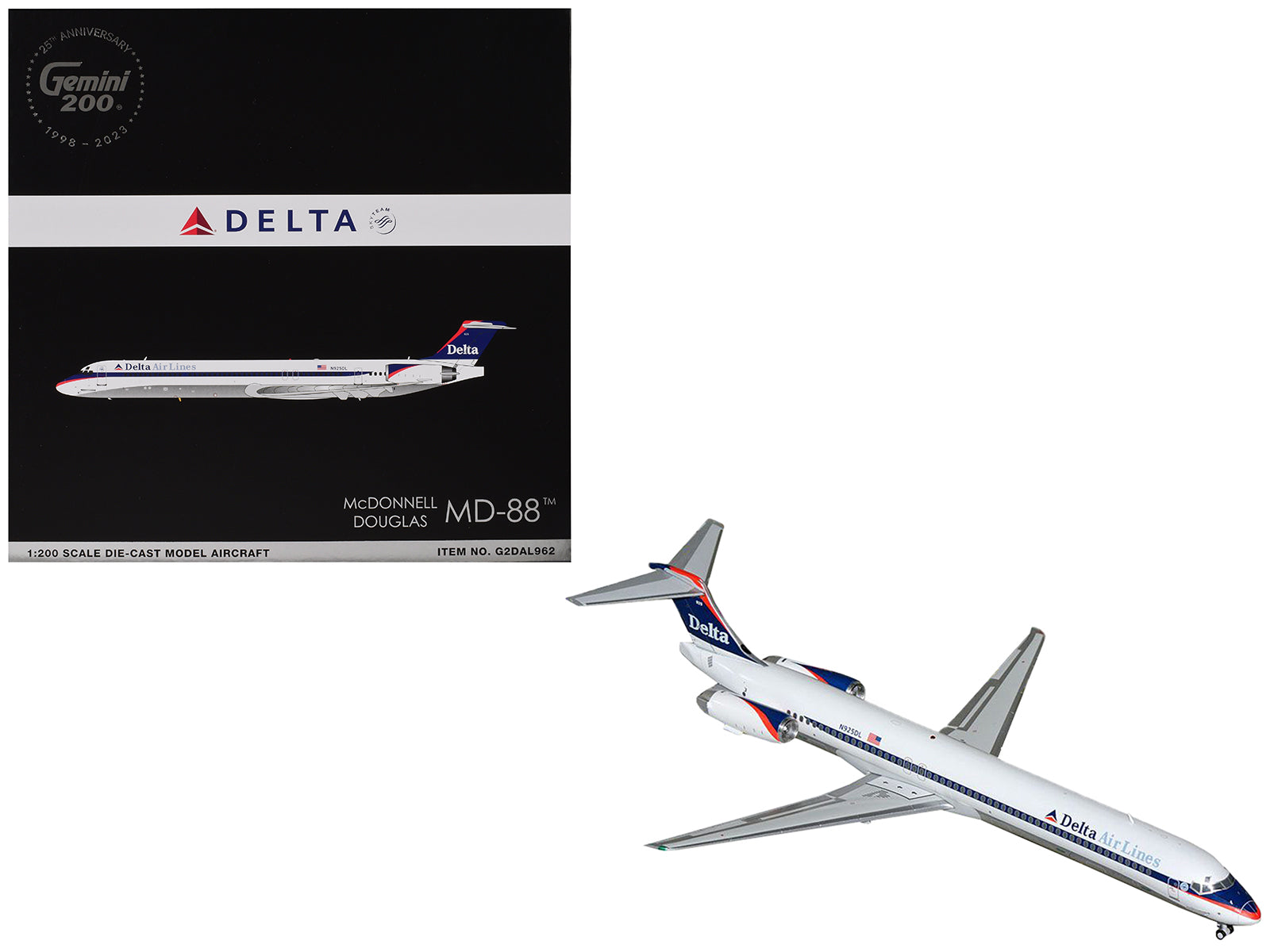 McDonnell Douglas MD-88 Commercial Aircraft "Delta Air Lines" (N925DL) White with Blue Stripes and Tail "Gemini 200" Series 1/200 Diecast Model Airplane by GeminiJets-DiecastModeler.com