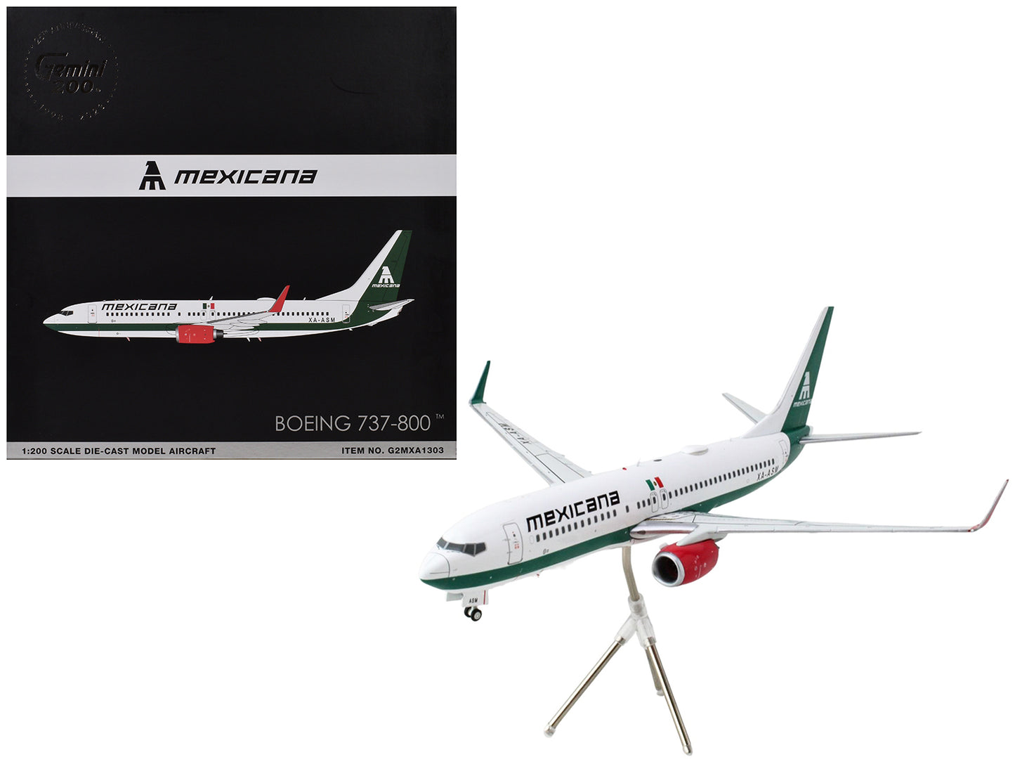 Boeing 737-800 Commercial Aircraft "Mexicana" (XA-ASM) White with Green Stripes "Gemini 200" Series 1/200 Diecast Model Airplane by GeminiJets-DiecastModeler.com