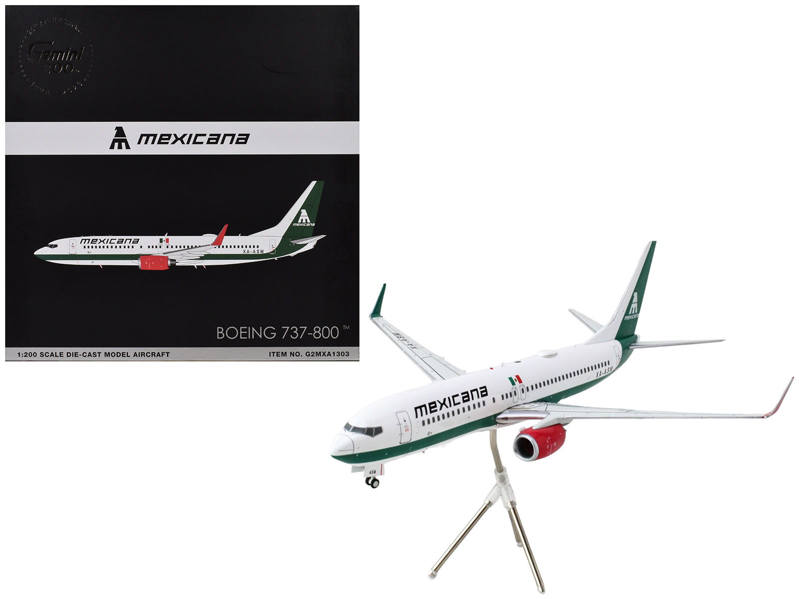 Boeing 737-800 Commercial Aircraft "Mexicana" (XA-ASM) White with Green Stripes "Gemini 200" Series 1/200 Diecast Model Airplane by GeminiJets-DiecastModeler.com