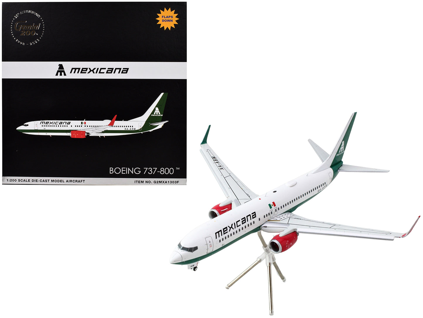 Boeing 737-800 Commercial Aircraft with Flaps Down "Mexicana" (XA-ASM) White with Green Stripes "Gemini 200" Series 1/200 Diecast Model Airplane by GeminiJets-DiecastModeler.com