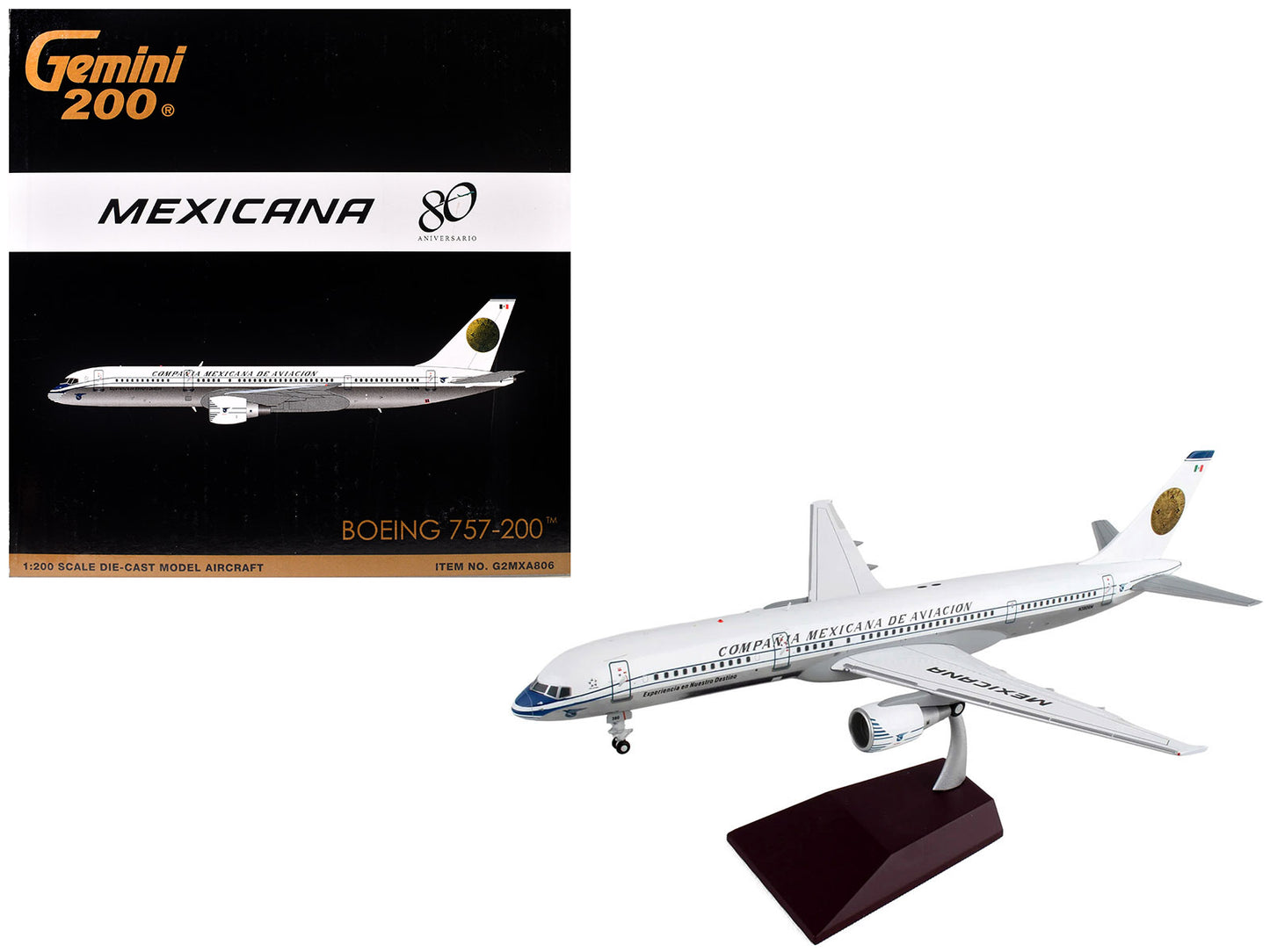 Boeing 757-200 Commercial Aircraft "Mexicana Retro Livery" (N380RM) White with Tail Graphics "Gemini 200" Series 1/200 Diecast Model Airplane by GeminiJets