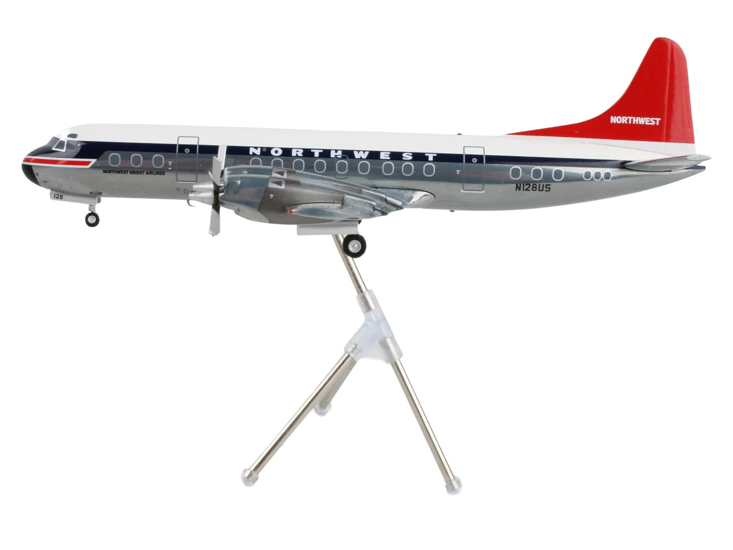 Lockheed L-188 Electra Commercial Aircraft "Northwest Orient" (N128US) White and Gray with Blue Stripes and Red Tail "Gemini 200" Series 1/200 Diecast Model Airplane by GeminiJets
