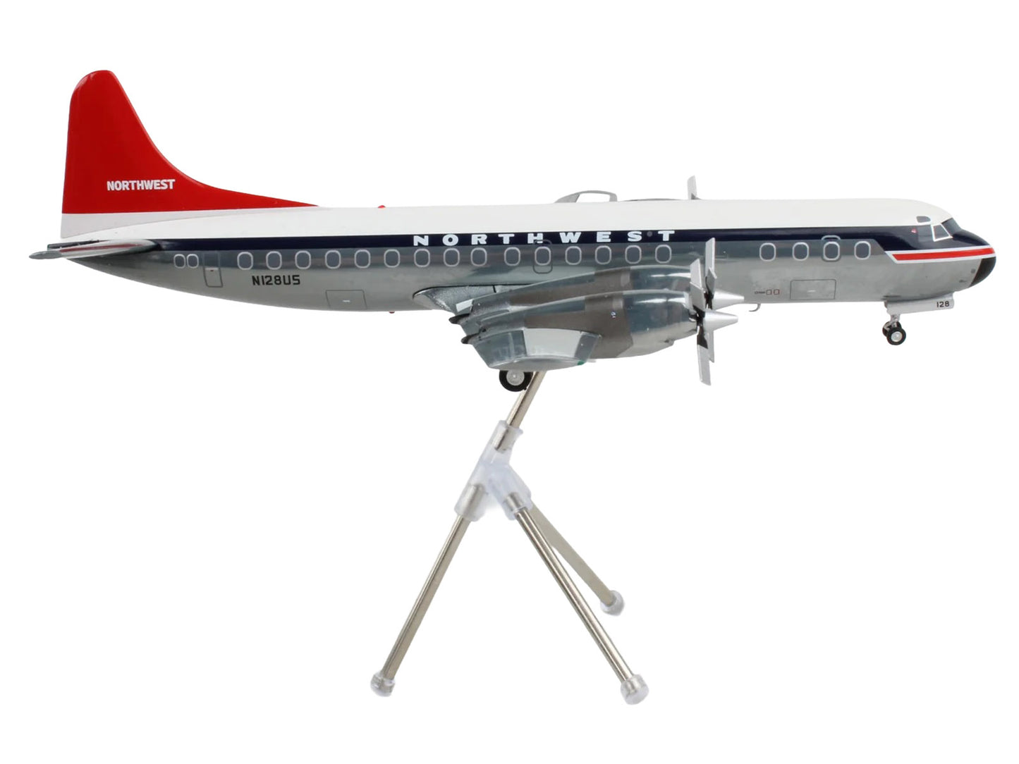 Lockheed L-188 Electra Commercial Aircraft "Northwest Orient" (N128US) White and Gray with Blue Stripes and Red Tail "Gemini 200" Series 1/200 Diecast Model Airplane by GeminiJets