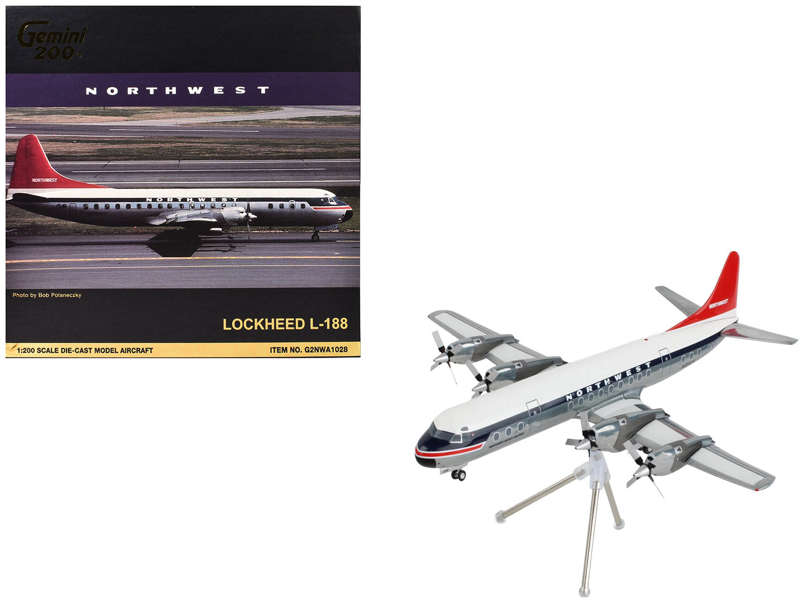 Lockheed L-188 Electra Commercial Aircraft "Northwest Orient" (N128US) White and Gray with Blue Stripes and Red Tail "Gemini 200" Series 1/200 Diecast Model Airplane by GeminiJets-DiecastModeler.com