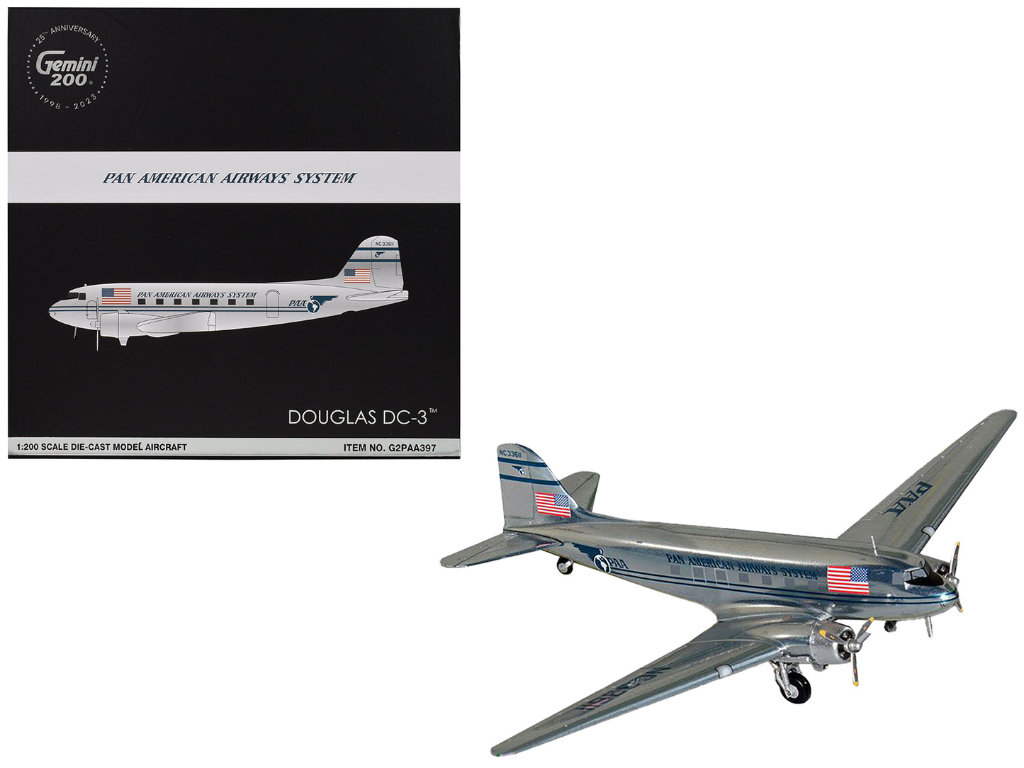 Douglas DC-3 Commercial Aircraft "Pan American Airways" (NC33611) Polished Metal Finish "Gemini 200" Series 1/200 Diecast Model Airplane by GeminiJets