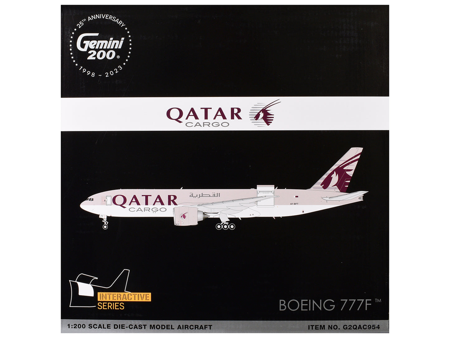 Boeing 777F Commercial Aircraft "Qatar Cargo" (A7-BFT) Gray with Tail Graphics "Gemini 200 - Interactive" Series 1/200 Diecast Model Airplane by GeminiJets-DiecastModeler.com