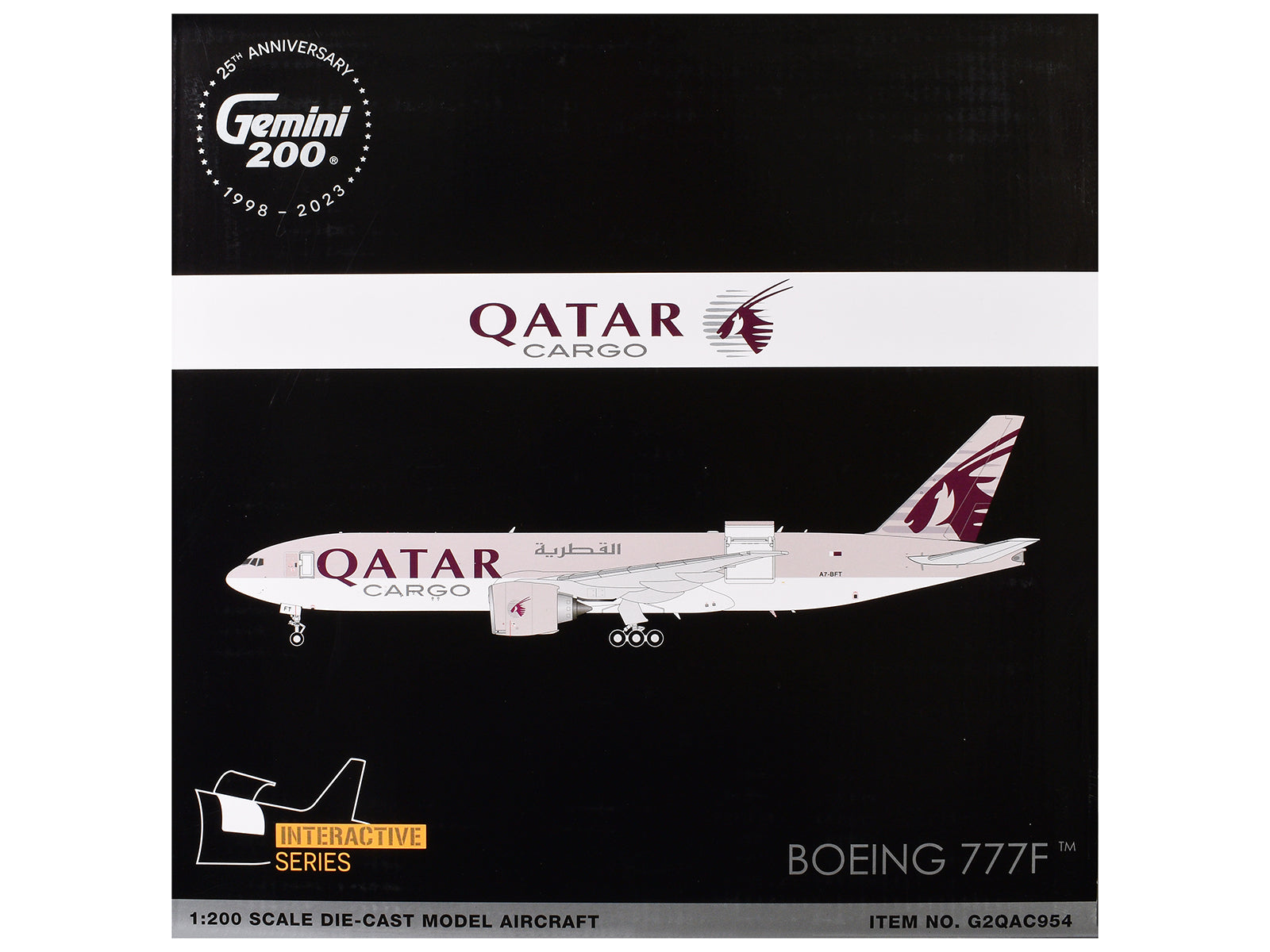 Boeing 777F Commercial Aircraft "Qatar Cargo" (A7-BFT) Gray with Tail Graphics "Gemini 200 - Interactive" Series 1/200 Diecast Model Airplane by GeminiJets-DiecastModeler.com