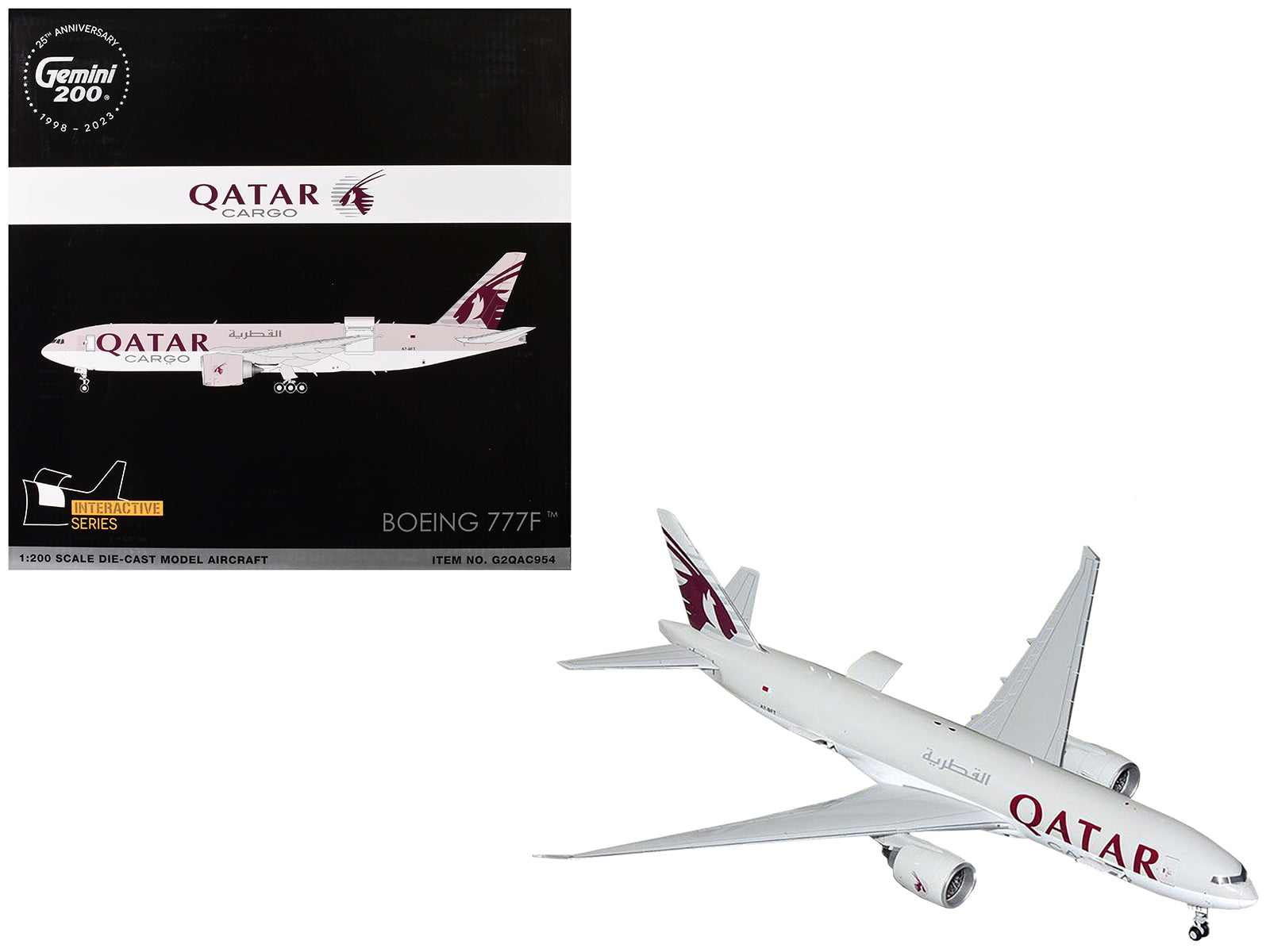 Boeing 777F Commercial Aircraft "Qatar Cargo" (A7-BFT) Gray with Tail Graphics "Gemini 200 - Interactive" Series 1/200 Diecast Model Airplane by GeminiJets-DiecastModeler.com