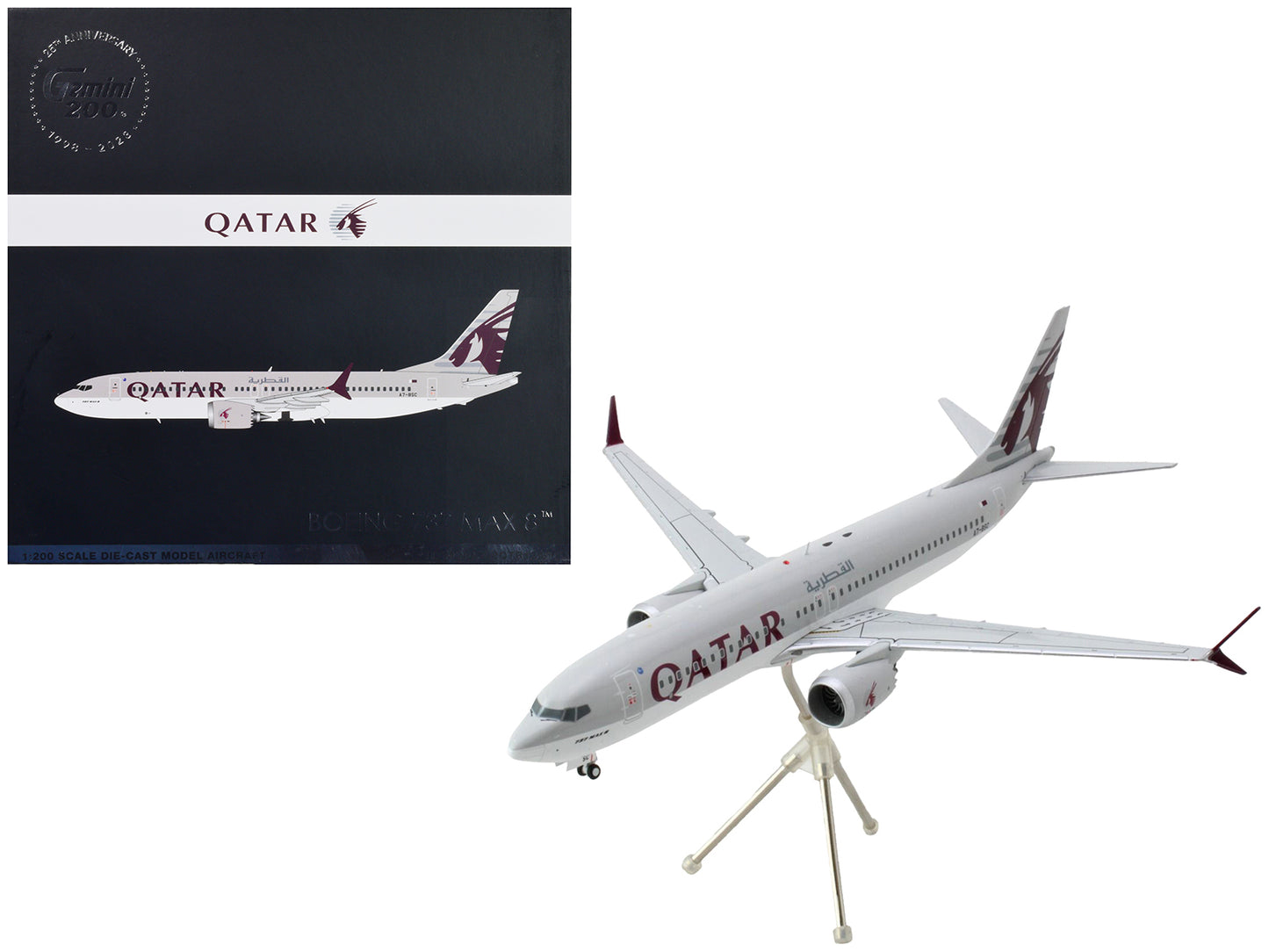 Boeing 737 MAX 8 Commercial Aircraft "Qatar Airways" Gray and White with Tail Graphics "Gemini 200" Series 1/200 Diecast Model Airplane by GeminiJets-DiecastModeler.com