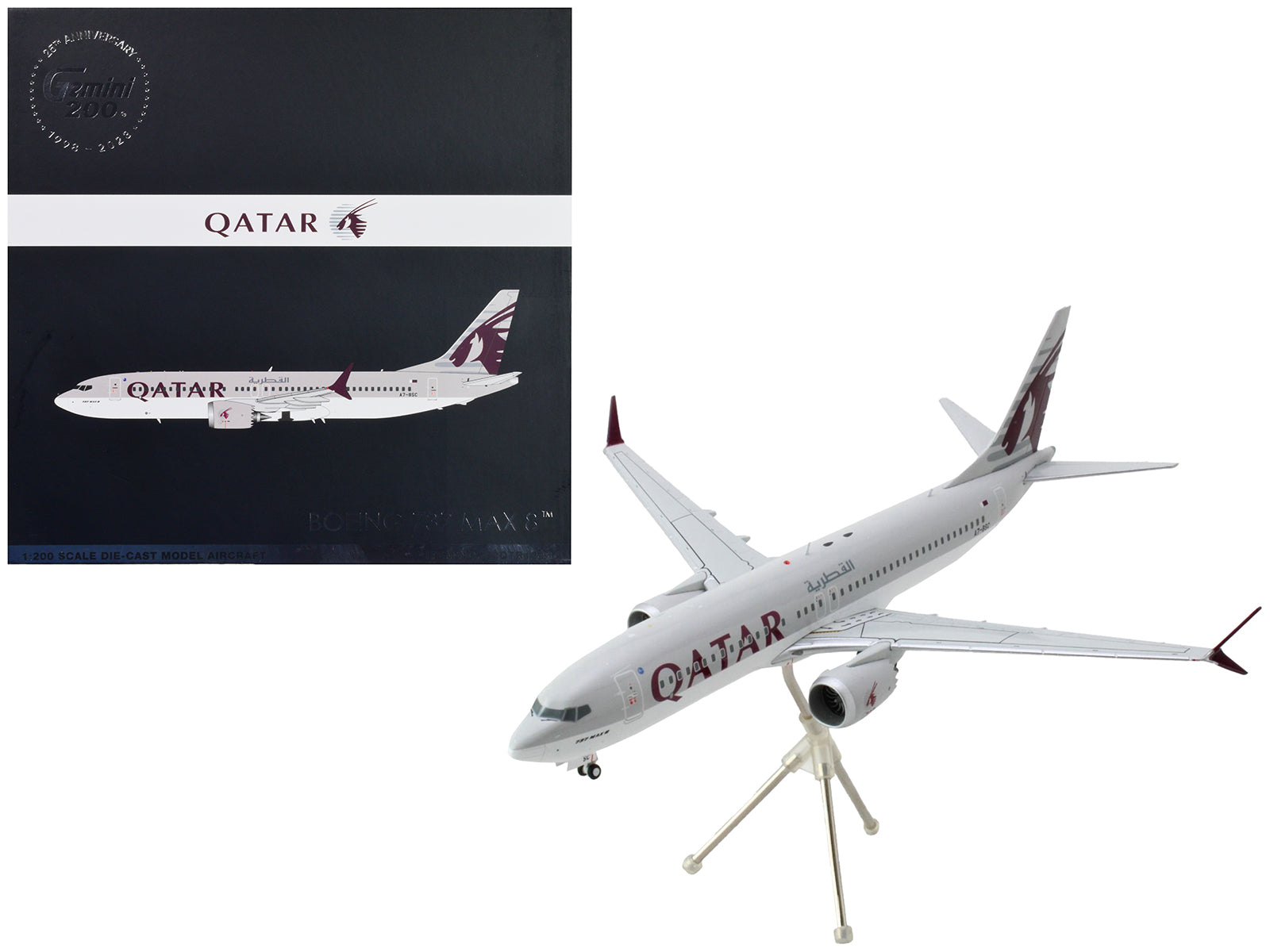 Boeing 737 MAX 8 Commercial Aircraft "Qatar Airways" Gray and White with Tail Graphics "Gemini 200" Series 1/200 Diecast Model Airplane by GeminiJets-DiecastModeler.com