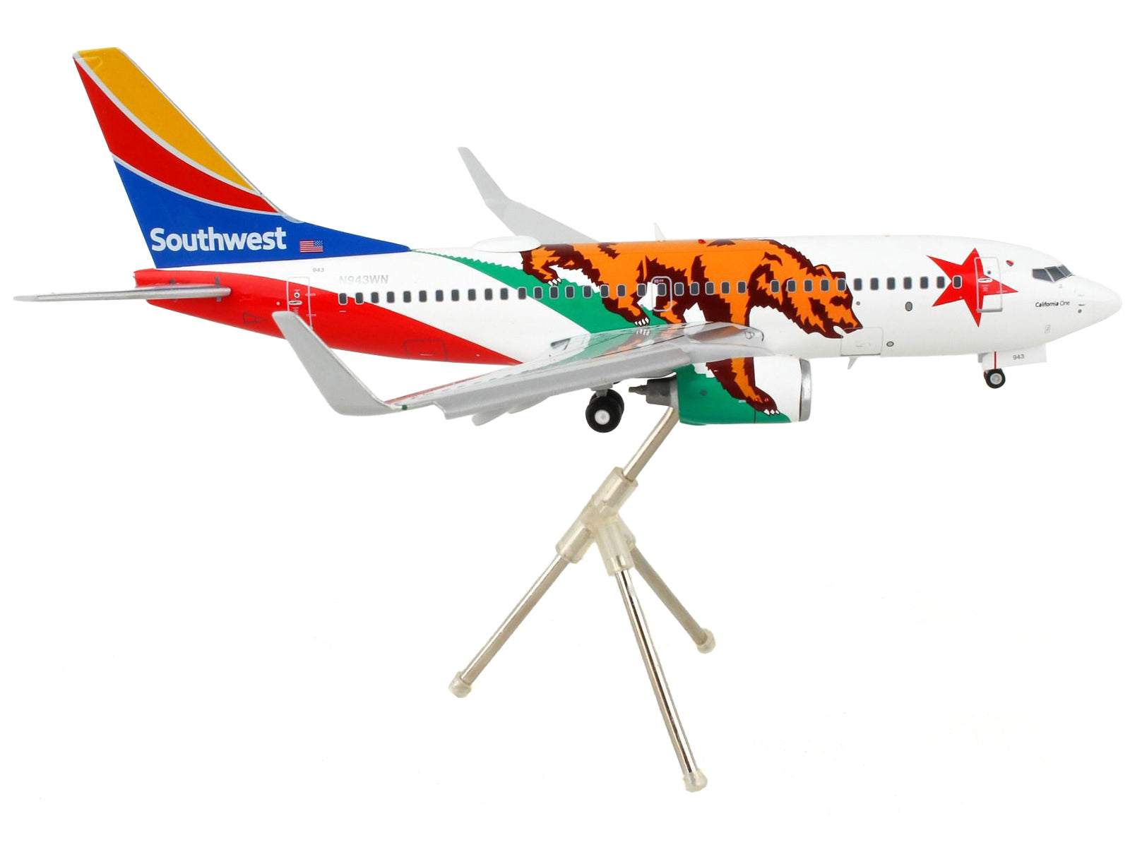 Boeing 737-700 Commercial Aircraft with Flaps Down "Southwest Airlines - California One" California Flag Livery "Gemini 200" Series 1/200 Diecast Model Airplane by GeminiJets-DiecastModeler.com