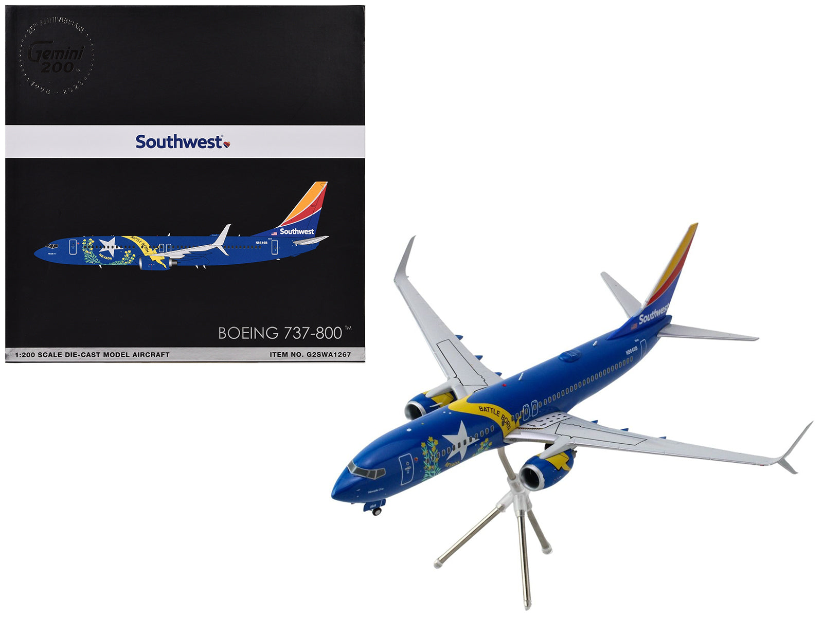 Boeing 737-800 Commercial Aircraft "Southwest Airlines - Nevada One" (N8646B) Blue with Tail Stripes "Gemini 200" Series 1/200 Diecast Model Airplane by GeminiJets-DiecastModeler.com