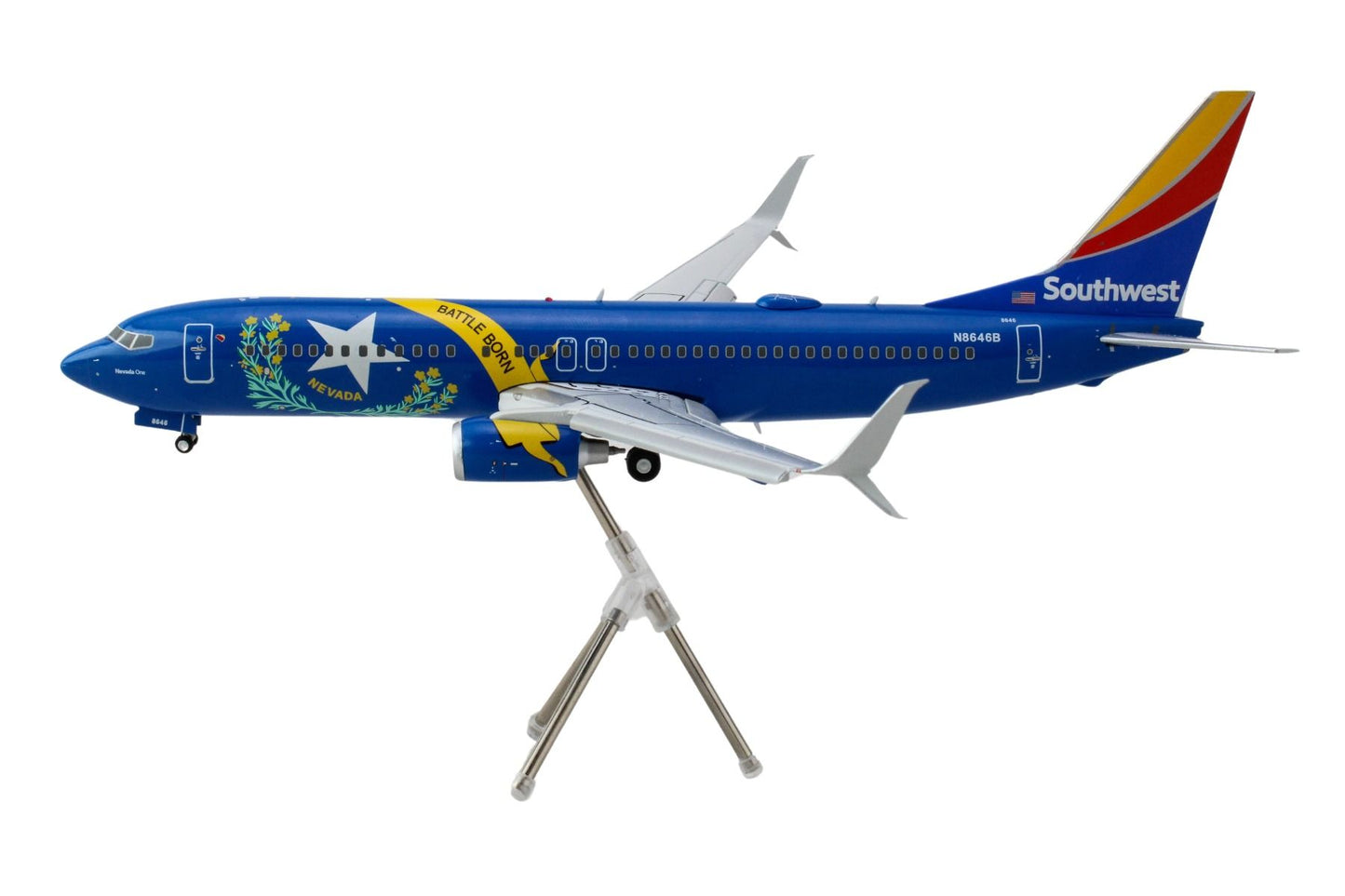 Boeing 737-800 Commercial Aircraft with Flaps Down "Southwest Airlines - Nevada One" (N8646B) Blue with Tail Stripes "Gemini 200" Series 1/200 Diecast Model Airplane by GeminiJets-DiecastModeler.com