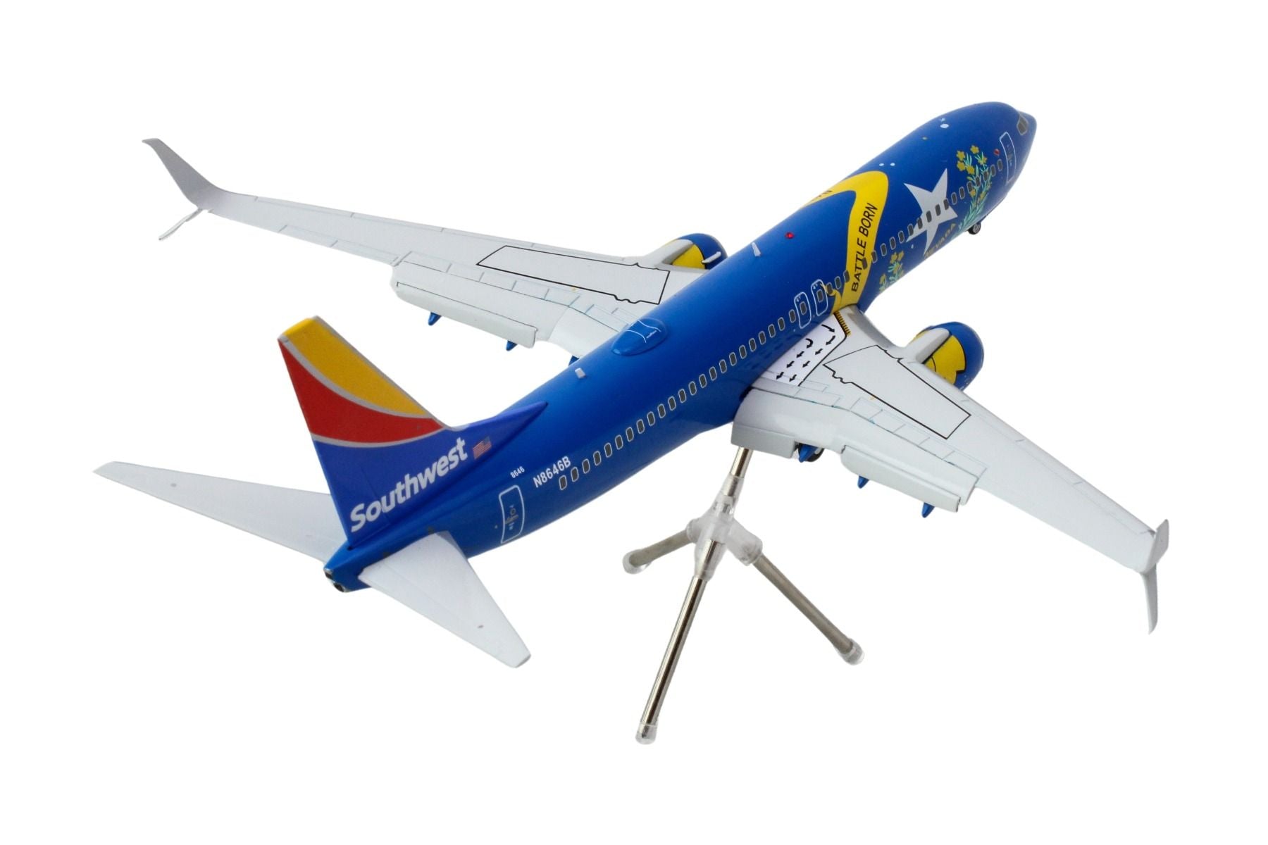 Boeing 737-800 Commercial Aircraft with Flaps Down "Southwest Airlines - Nevada One" (N8646B) Blue with Tail Stripes "Gemini 200" Series 1/200 Diecast Model Airplane by GeminiJets-DiecastModeler.com