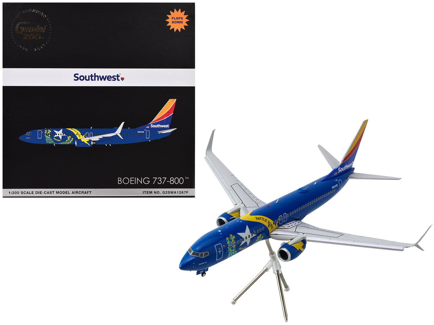 Boeing 737-800 Commercial Aircraft with Flaps Down "Southwest Airlines - Nevada One" (N8646B) Blue with Tail Stripes "Gemini 200" Series 1/200 Diecast Model Airplane by GeminiJets-DiecastModeler.com