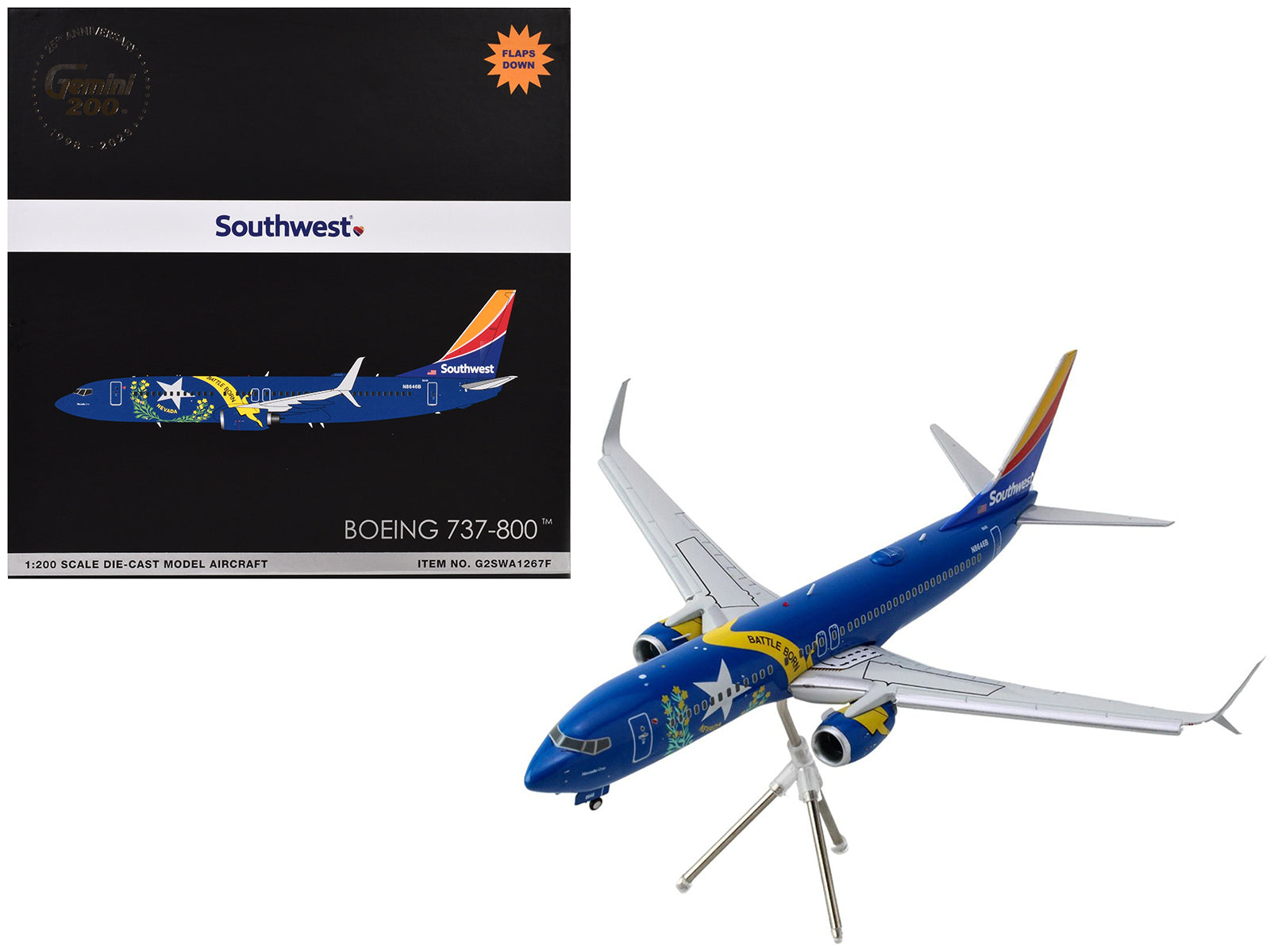 Boeing 737-800 Commercial Aircraft with Flaps Down "Southwest Airlines - Nevada One" (N8646B) Blue with Tail Stripes "Gemini 200" Series 1/200 Diecast Model Airplane by GeminiJets-DiecastModeler.com