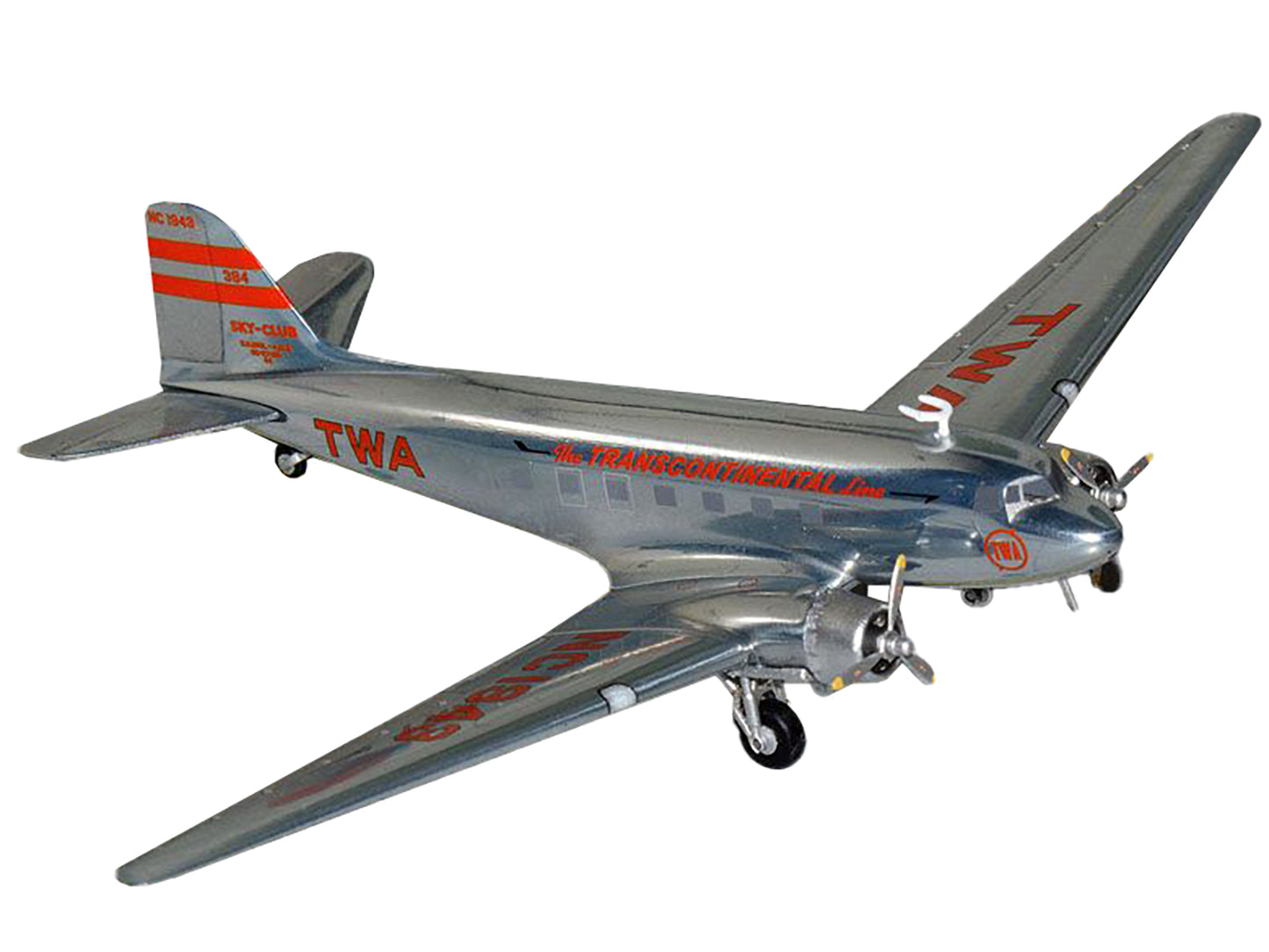 Douglas DC-3 Commercial Aircraft "TWA (Trans World Airlines)" (NC1943) Polished Metal Finish with Red Tail Stripes "Gemini 200" Series 1/200 Diecast Model Airplane by GeminiJets-DiecastModeler.com