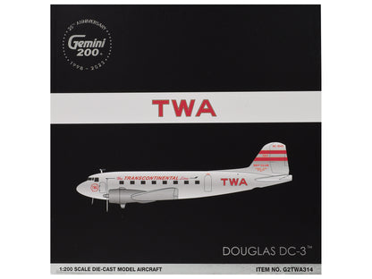 Douglas DC-3 Commercial Aircraft "TWA (Trans World Airlines)" (NC1943) Polished Metal Finish with Red Tail Stripes "Gemini 200" Series 1/200 Diecast Model Airplane by GeminiJets