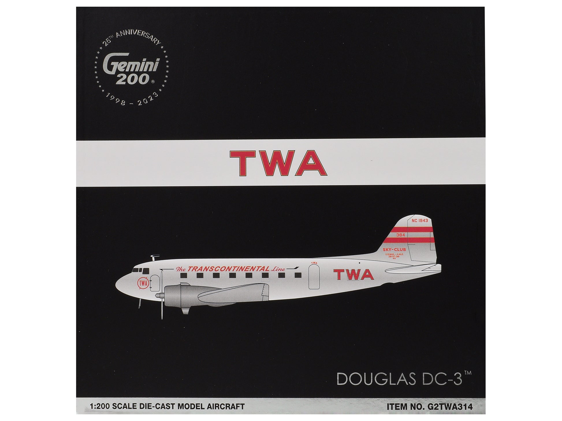 Douglas DC-3 Commercial Aircraft "TWA (Trans World Airlines)" (NC1943) Polished Metal Finish with Red Tail Stripes "Gemini 200" Series 1/200 Diecast Model Airplane by GeminiJets-DiecastModeler.com