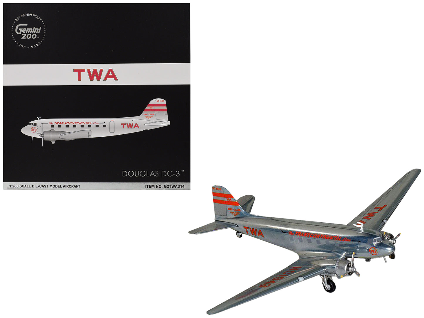 Douglas DC-3 Commercial Aircraft "TWA (Trans World Airlines)" (NC1943) Polished Metal Finish with Red Tail Stripes "Gemini 200" Series 1/200 Diecast Model Airplane by GeminiJets-DiecastModeler.com