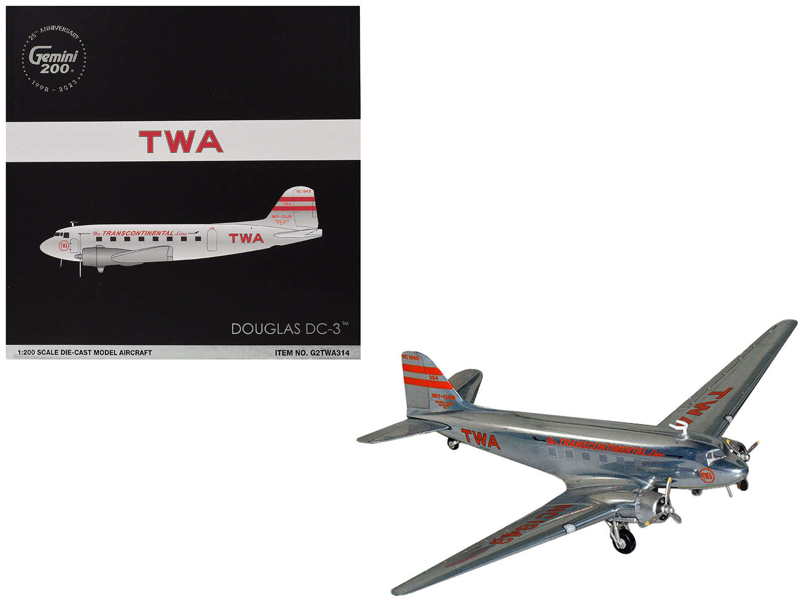 Douglas DC-3 Commercial Aircraft "TWA (Trans World Airlines)" (NC1943) Polished Metal Finish with Red Tail Stripes "Gemini 200" Series 1/200 Diecast Model Airplane by GeminiJets-DiecastModeler.com